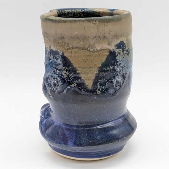 Handmade Tan Blue Glazed Earthenware Ceramic Abstract Mug Vase - Picture 5 of 11